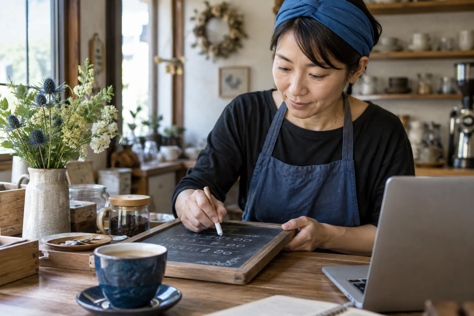 お店の案内を整える店主のイメージ