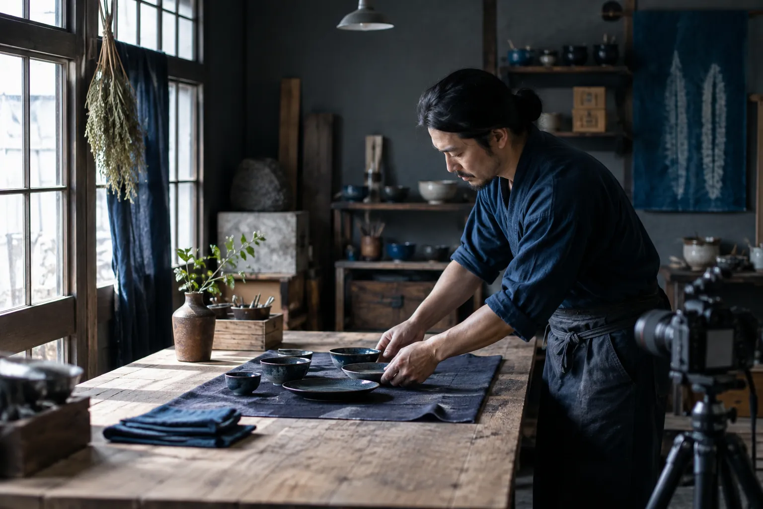 工房で商品の撮影準備をする職人のイメージ
